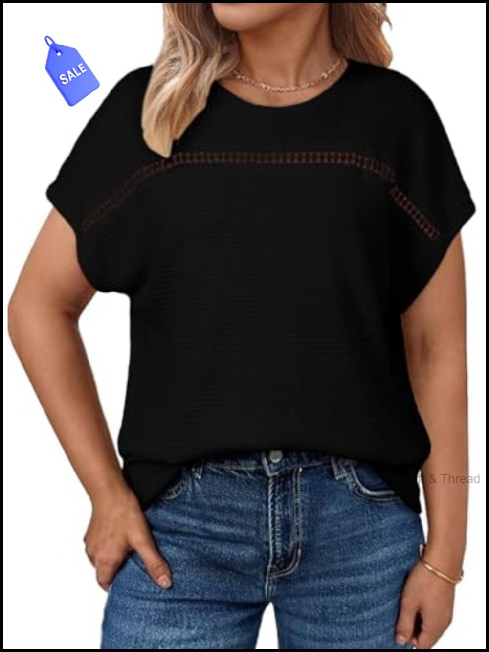 Plus Size Waffle Knit Hollow Out Crochet Short Sleeve Crewneck Tee